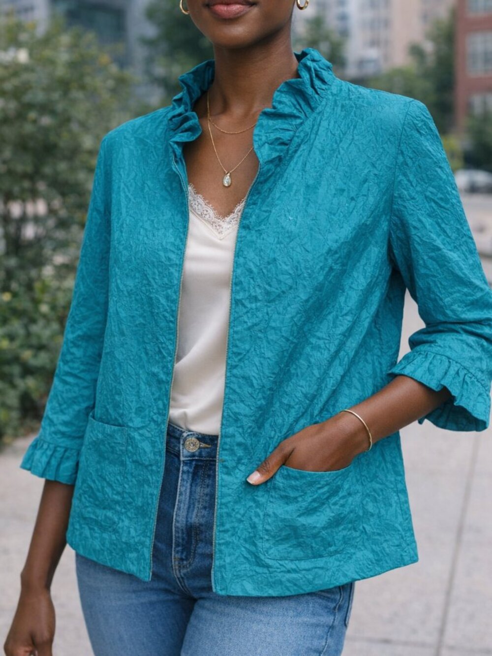Chico's Aqua Teal Blue 3/4 Sleeve Nylon Blazer Jacket Women's Size 3 (XL)